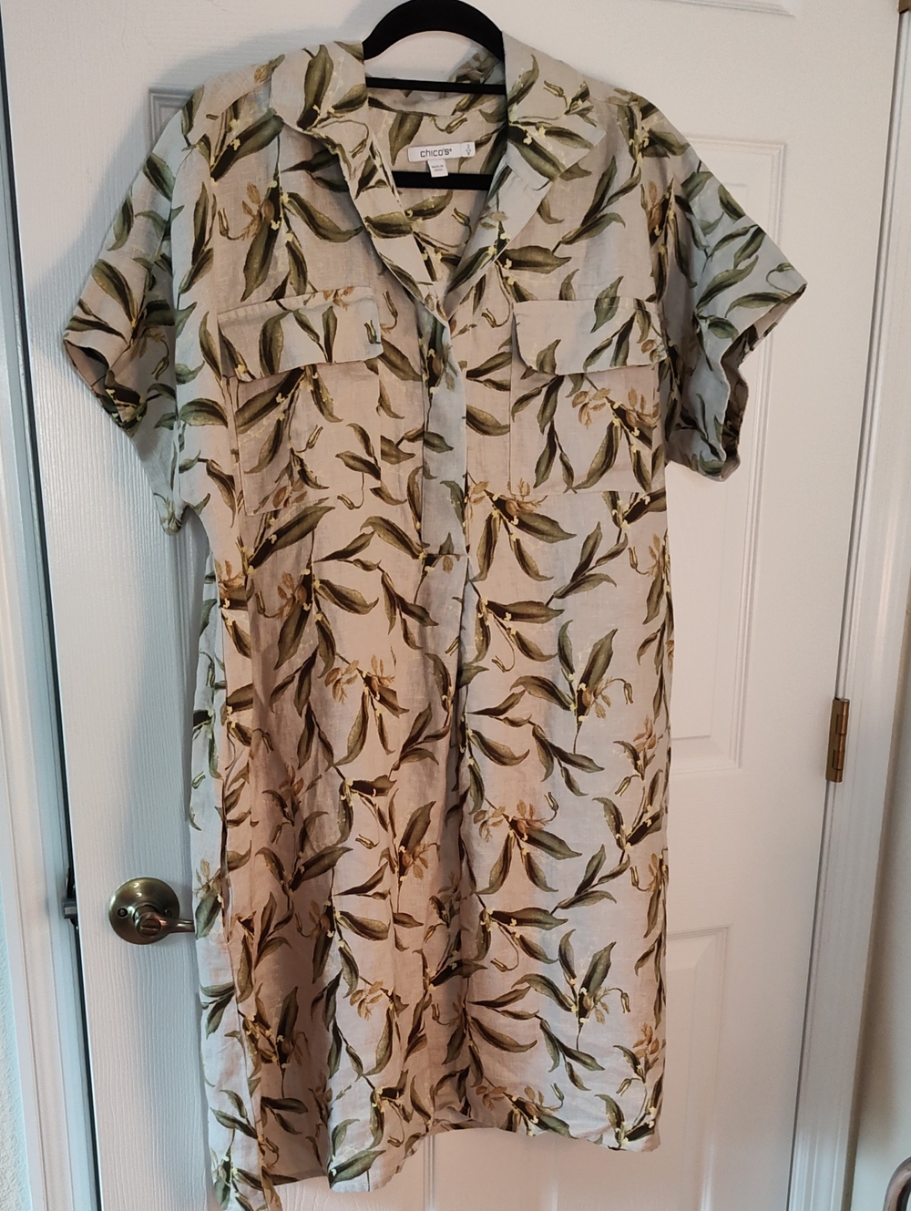 Chico's Linen Midi Shirt Dress in Sage and Olive Leaf Print